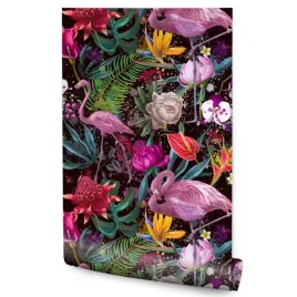 tapeta-scienna-flamingi-tropikalne-liscie-orchidea