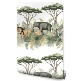 tapeta-scienna-slonie-lwy-lamparty-drzewa-natura