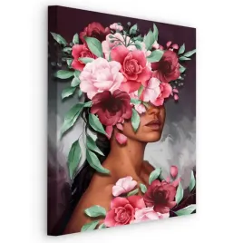 obraz-portret-kobiety-roze-liscie-malunek-70x100
