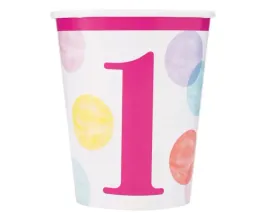 kubeczki-papierowe-first-birthday-rozowe-grochy-8x