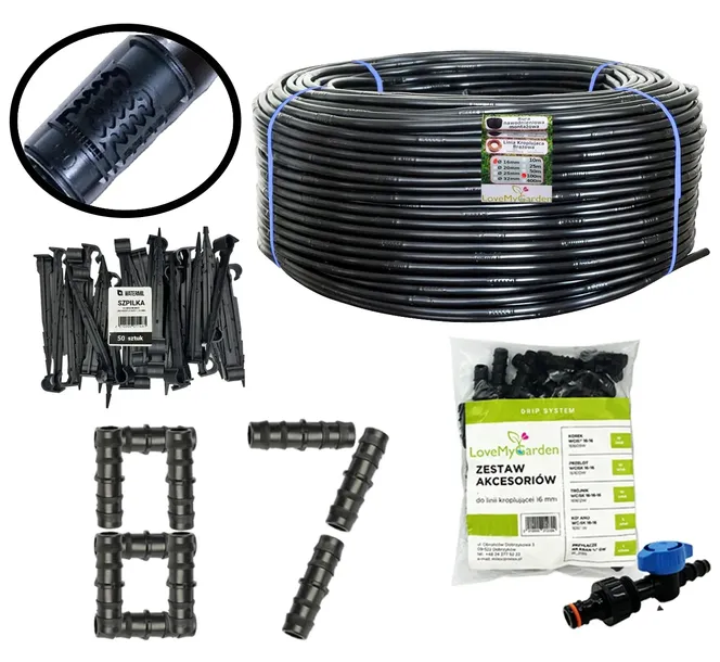 Linia kroplująca 16mm 100m z kompensacją 87 akcesoriów Super Wąż Mocna