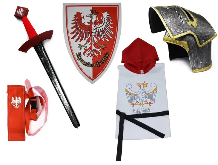 ZESTAW STRÓJ RYCERSKI MIECZ HEŁM TARCZA POCHWA TUNIKA MAŁA KOSTIUM RYCERZA