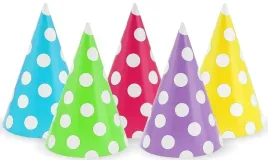 czapeczki-urodzinowe-kolorowe-groszki-kropki-5-szt