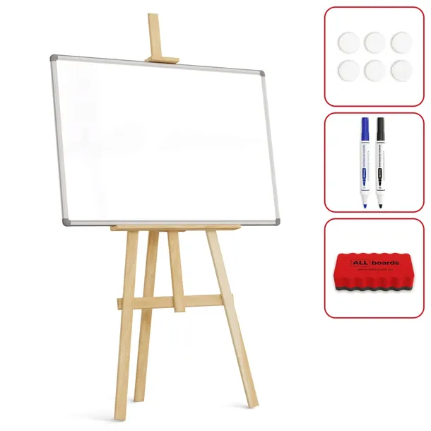 Tablica magnetyczna biała suchościeralna 90x60cm + sztaluga drewniana