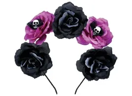 opaska-na-glowe-los-muertos-czaszki-kwiaty-czarny-fiolet-halloween