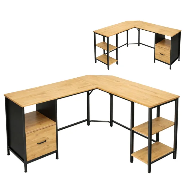 BIURKO NAROŻNE LOFT L dąb MDF czarna rama szuflada półki 149x149 do BIURA