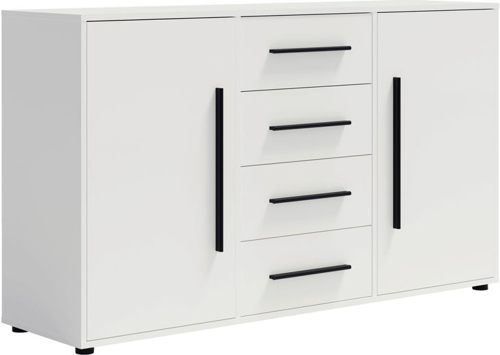 Komoda biała 150 cm MAXIDO szafka 4 szuflady 2 drzwi półki uchwyty czarne
