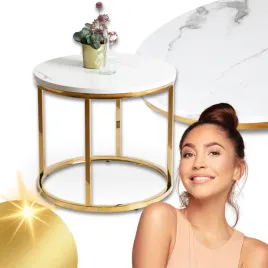 Zdjęcie produktu Okrągły Stolik Kawowy Glamour Biały Marmur Złoty Do Salonu CLIFF