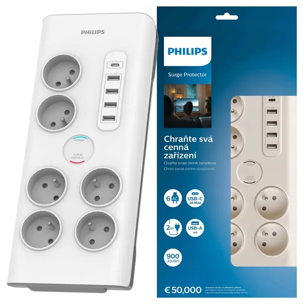 Listwa zasilająca Philips 2m 6 gniazd + USB A i C
