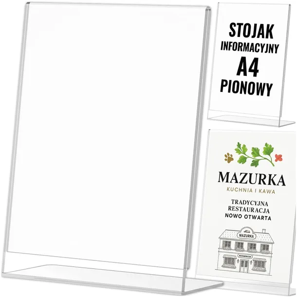 STOJAK NA MENU ULOTKI KARTKI A4 EKSPOZYTOR STOŁOWY BIURKOWY PLEXI PIONOWY
