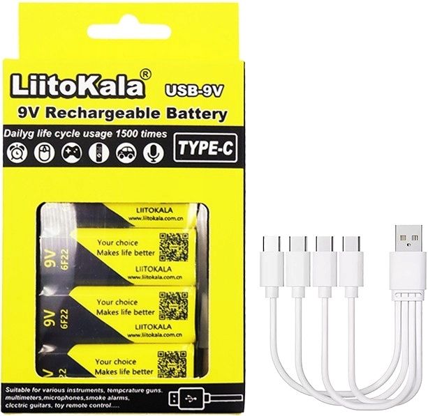 Akumulator LiitoKala 9V 1100mAh USB-C 6F22 Li-Ion Ładowany USB USB-C 4szt