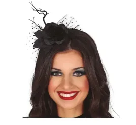 opaska-czarna-roza-z-woalka-galazka-halloween
