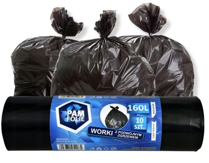 WORKI NA ŚMIECI Budowlane 160L 10szt GRUBE czarne MOCNE PREMIUM Pam-folie