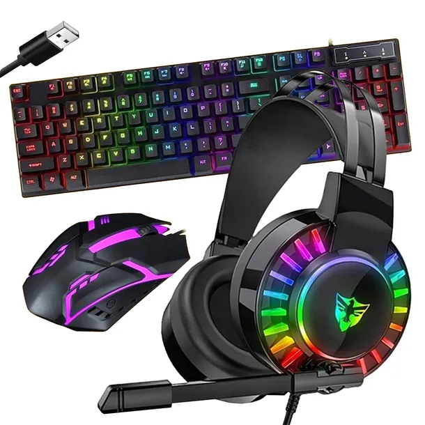 ZESTAW GRACZA KLAWIATURA MYSZ SŁUCHAWKI GAMINGOWE PODŚWIETLANE RGB LED USB