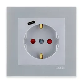 exen-gniazdo-pojedyncze-z-u-schuko-2p-e-usb-typ-c-srebrne-ramka-srebrna