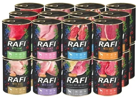 Karma mokra dla psa Dolina Noteci RAFI PREMIUM mix 4 smaków puszki 24x800g