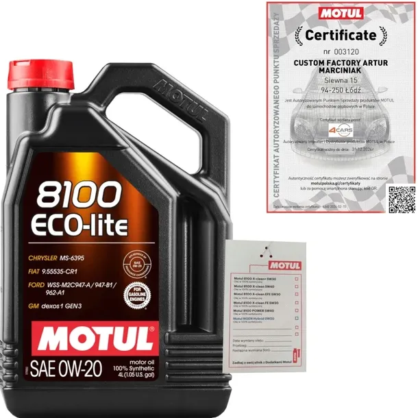 MOTUL 8100 ECO-LITE 0W20 4L GM DEXOS1 GEN3 FIAT 9.55535-CR1 + ZAWIESZKA