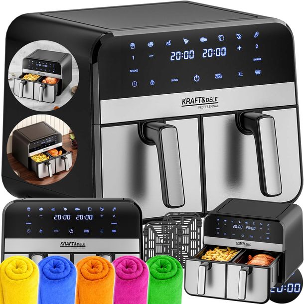 FRYTKOWNICA BEZTŁUSZCZOWA AIR FRYER FRYTOWNICA DUŻA 9L dwukomorowa Airfryer