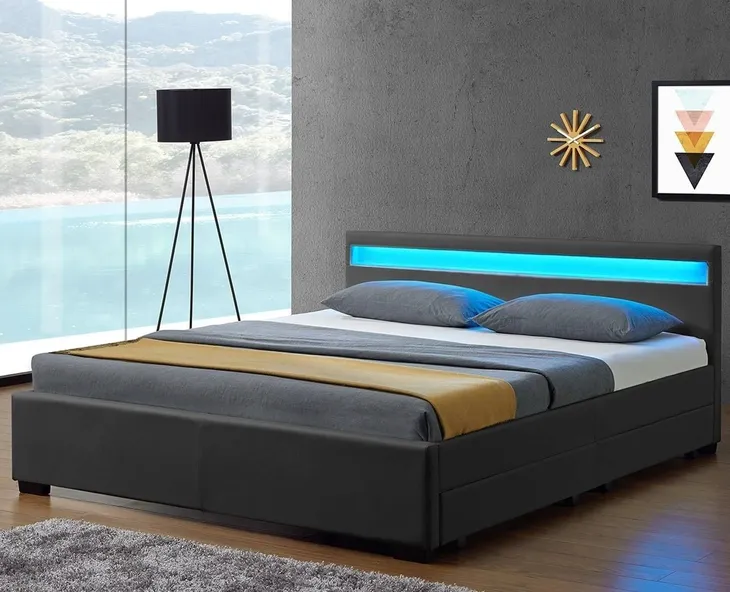 ŁÓŻKO TAPICEROWANE LED 160x200 SZARE SKÓRZANE