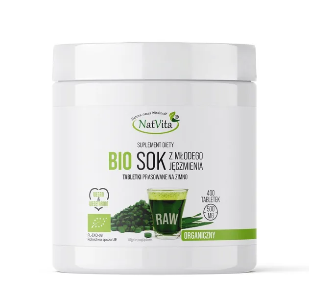 Sok z Młodego Jęczmienia BIO Tabletki 500mg Eko Witaminy 400 tabl. NatVita