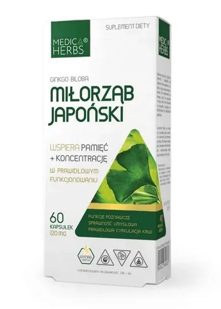 Medica Herbs MIŁORZĄB JAPOŃSKI Ginkgo Biloba 60k Mózg PAMIĘĆ Koncentracja