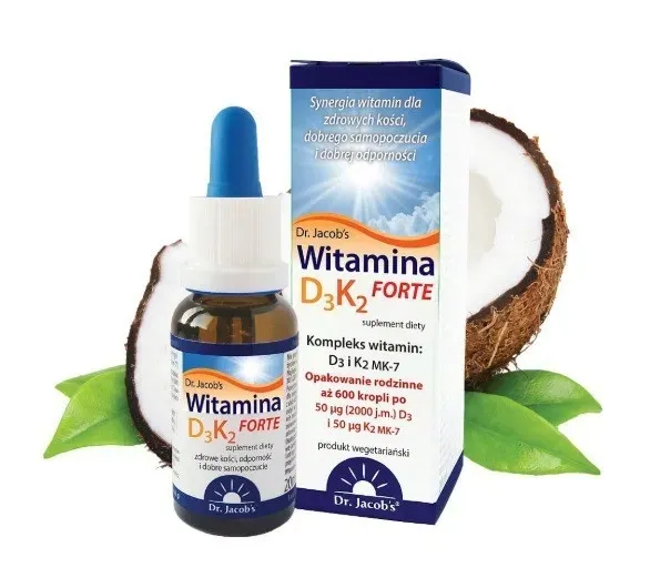 Witamina D3 + K2 MK7 FORTE - Dr. Jacob's 20 ml 600 kropli wapń Odporność
