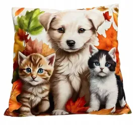 dekoracyjna-poszewka-45x45-cm-pies-i-dwa-koty-wsrod-jesiennych-lisci