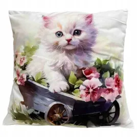 dekoracyjna-poszewka-45x45-cm-bialy-kot-wsrod-kwiatow-na-wozku