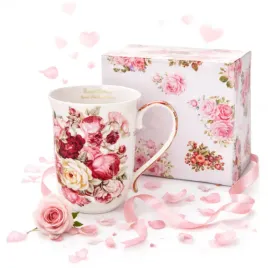 Zdjęcie produktu Kubek Porcelanowy w Róże 400 ml Kwiaty Romantyczny Prezent Dzien kobiet