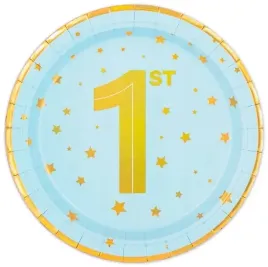 talerzyki-niebieskie-w-zlote-gwiazdki-1st-roczek-chlopczyk-18-cm-6-sztuk