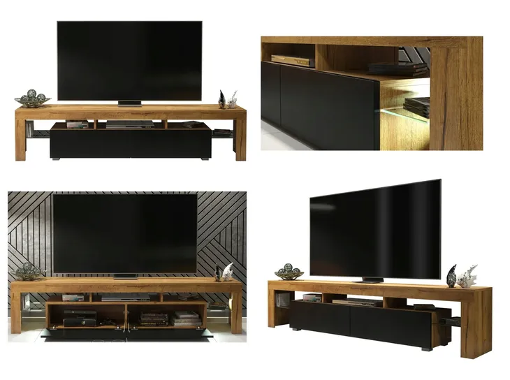 Duża Szafka Loft Retro Dąb + Czarny Mat RTV Długi Stolik TV 200 cm E036