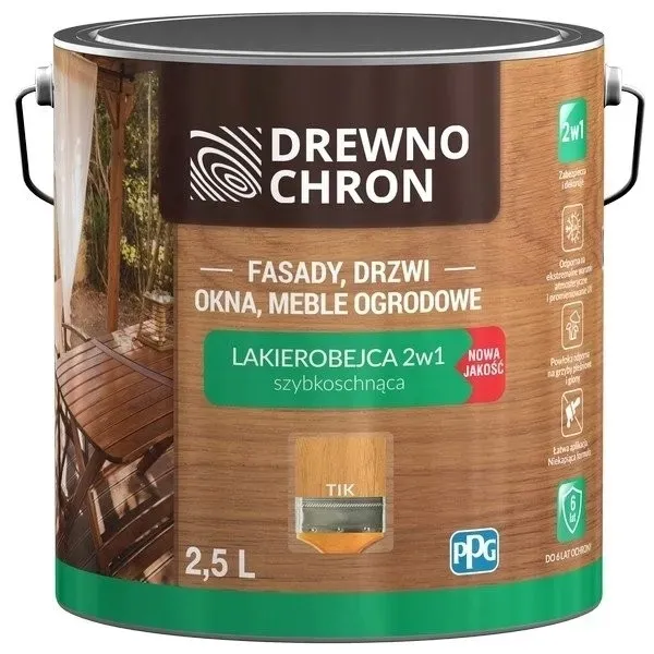 DREWNOCHRON lakierobejca do drewna 2w1 fasady drzwi meble satyna tik 2,5l