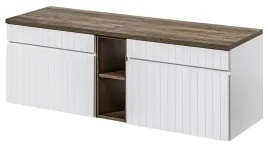 biala-szafka-pod-umywalke-140-cm-blat-dab-frezowany-front-szuflady-regal