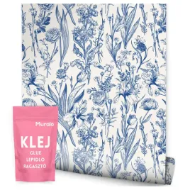 tapeta-scienna-do-sypialni-salonu-niebieskie-kwiaty-natura-liscie-styl-boho