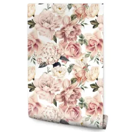 tapeta-do-sypialni-rozowe-kwiaty-roze-peonie-hortensje-styl-vintage