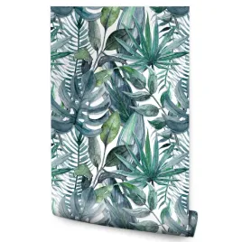 tapeta-w-rolce-do-salonu-rosliny-liscie-tropikalne-monstera-akwarela