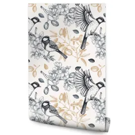 tapeta-do-kuchni-sikorki-ptaki-kwiaty-orzechy-styl-retro-natura-rosliny