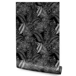 tapeta-do-salonu-czarne-liscie-tropikalne-monstera-palmy-abstrakcja