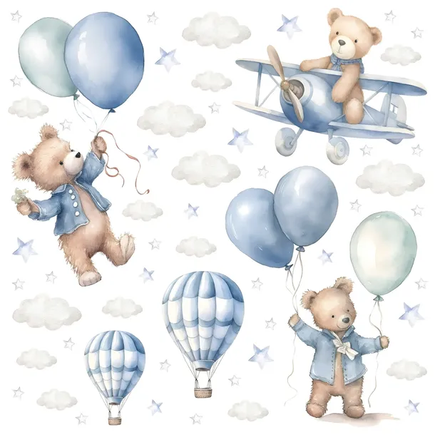 NAKLEJKI NA ŚCIANĘ DLA DZIECI MISIE BALONY SAMOLOTY CHMURKI GWIAZDKI ZESTAW