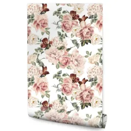 tapeta-scienna-rozowe-roze-kwiaty-akwarela-styl-retro-natura-rosliny