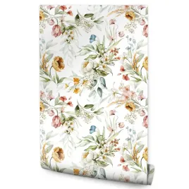 tapeta-do-jadalni-delikatne-akwarelowe-kwiaty-styl-boho-liscie-natura