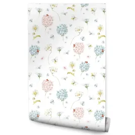 tapeta-w-rolce-dla-dzieci-kwiaty-hortensje-motyle-biedronki-rosliny-natura