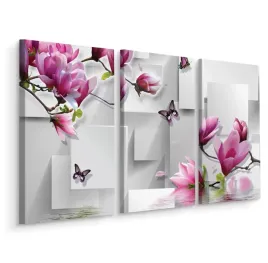 obraz-tryptyk-magnolie-motyle-figury-3d-180x120