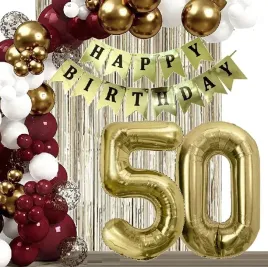balony-zlote-bordowe-dekoracje-kurtyna-baner-na-urodziny-cyfra-50-lat