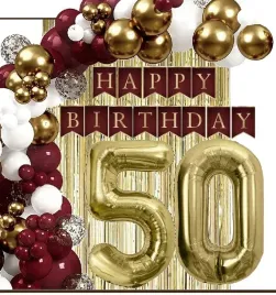 balony-zlote-bordowe-dekoracje-kurtyna-baner-na-urodziny-cyfra-50-lat