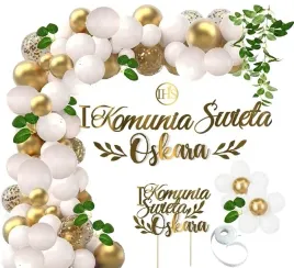 balony-komunia-luk-dekoracje-liscie-topper-imie