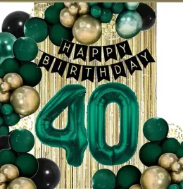 balony-kurtyna-dekoracje-na-urodziny-cyfra-40-lat-zielone-zlote-czarne