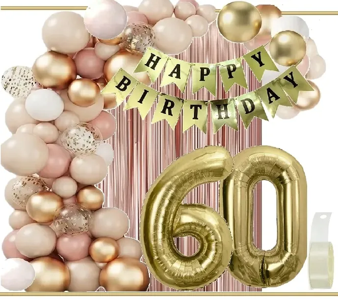 Balony 60 Urodziny Zestaw Dekoracji Złoty Beż Wild Rose Gold Cyfra Komplet