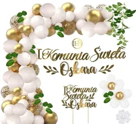 balony-komunia-luk-dekoracje-liscie-topper-imie