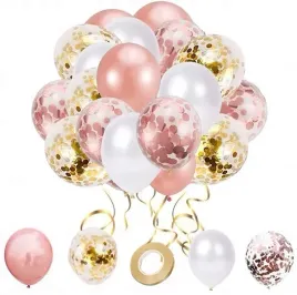 balony-rose-gold-zlote-biale-z-konfetti-wstazka